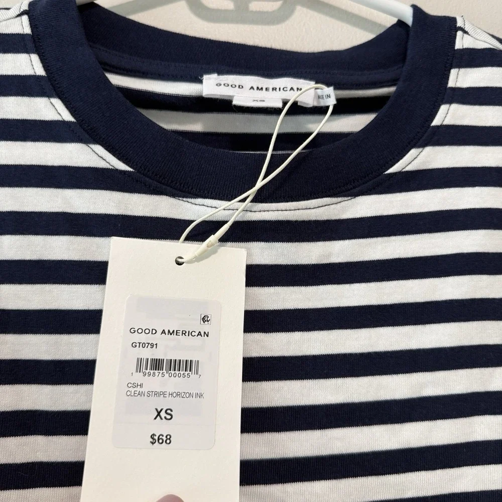 Good American NWT Oversized Blue Clean Stripe Cotton T-Shirt Size XS - Picture 3 of 6